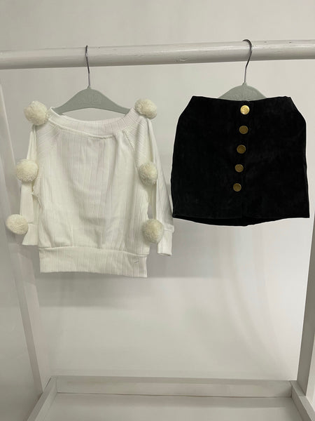 Hairball Knit Sweater & Button Mini Skirt