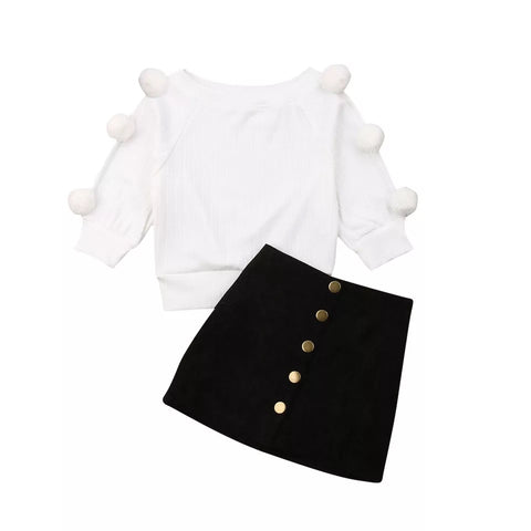 Hairball Knit Sweater & Button Mini Skirt