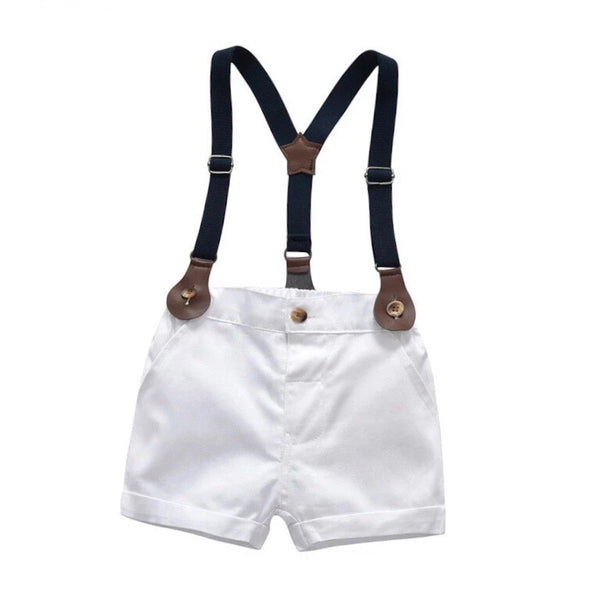 Striped Shirt with Bow Tie & Suspenders White Shorts