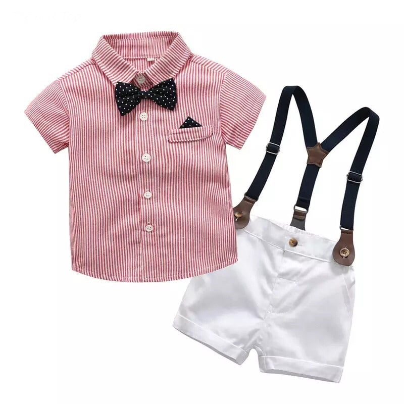 Striped Shirt with Bow Tie & Suspenders White Shorts